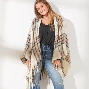 Windowpane Plaid Fringe Kimono